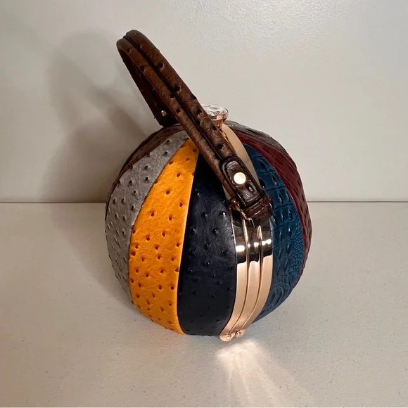 Alyssa Faux Vegan Leather Ostrich Texture Round Sphere Ball Handbag Multicolor - Picture 4 of 15